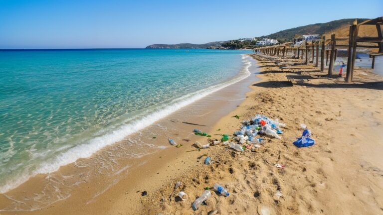 חוף ים ביוון עם בקבוקי פלסטיק