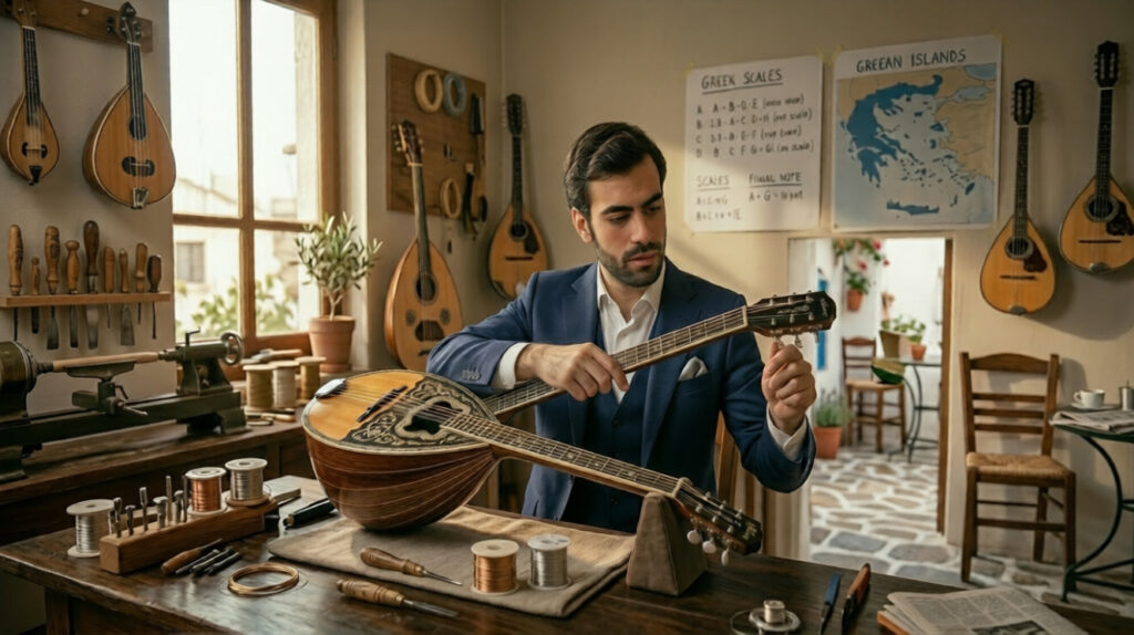 נגן הבוזוקי יוסי אהרון מכוון את הבוזוקי